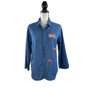 Denim Chambray Jean Shirt  Art Cats Kitty Crazy Embroidered Cotton Vintage M